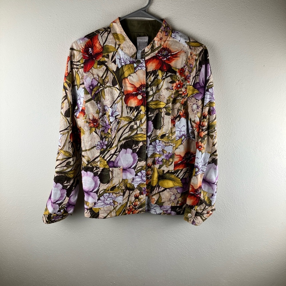 Chico's Size 1 (M 8/10) 100% Linen Floral Print Snap Front Jacket Topper